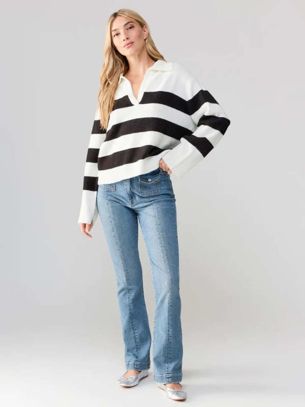 Sanctuary Johnny Collared Sweater - Black/Milk Stripe, Size Large